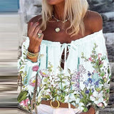 Woloong Elegant Lace-Up Tassel Chic Blouses Shirts  Summer Vintage Floral Print Boho Tops Women Sexy Off Shoulder Flare Sleeve Blusa