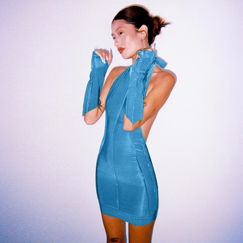 woloong   Slip Sleeveless Backless Metal Strings Pure Color Bodycon Pleated Mini Dress Sexy Women Streetwear Y2K Party Club