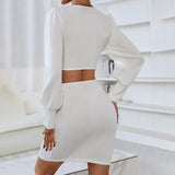 Woloong Sensual V-Neck Hollow Out Long Sleeve French Style Dress