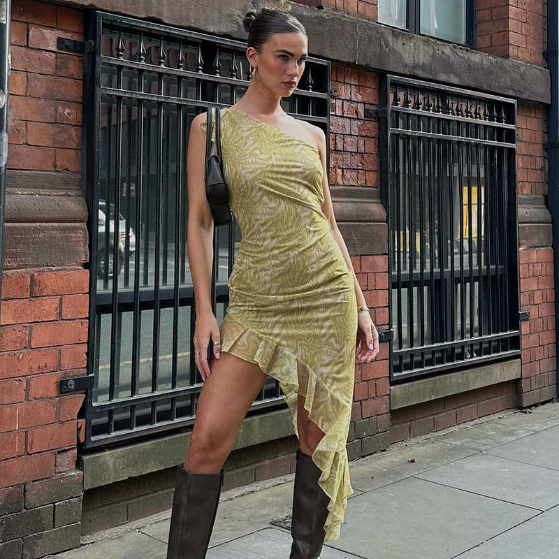 Woloong Irregular Hemline Printed Off-Shoulder and Ruffled Edges Short Autumn Dress