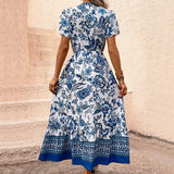Woloong New Blue Floral Print Slimming Maxi Dress