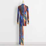 Woloong High Collar Long Sleeve Irregular Floor-Length Women's Shibori Tie-Dye Maxi Dress