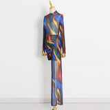 Woloong High Collar Long Sleeve Irregular Floor-Length Women's Shibori Tie-Dye Maxi Dress