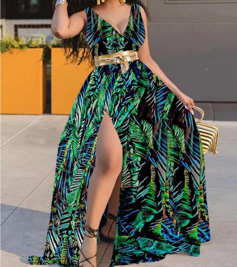 Woloong Effortless Commuting with a Seductive High Slit Chic Floral Maxi Dress