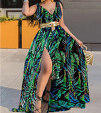 Woloong Effortless Commuting with a Seductive High Slit Chic Floral Maxi Dress