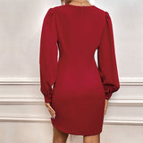 Woloong Autumn New Arrivals Irregular Long Sleeve Solid Color Dress