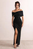 Woloong One-Shoulder Spicy Girl Short Sleeve Butterfly Knot and High Slit Dress