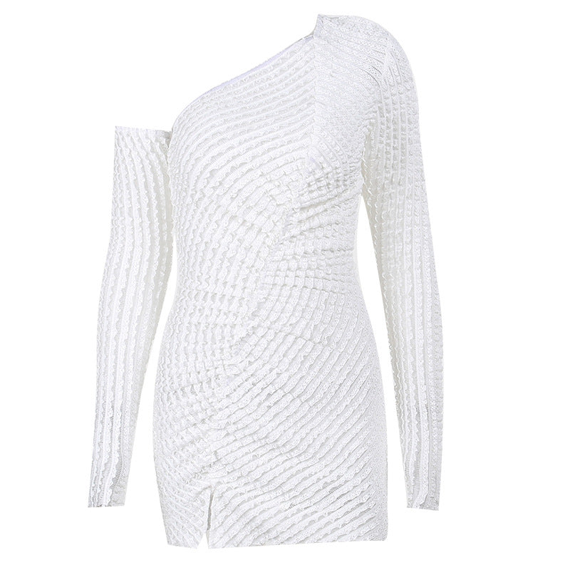 Woloong Elegant Bodycon Asymmetrical Long-Sleeve Lace Split Dress