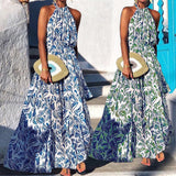 Woloong Fashionable Sleeveless Halter Vacation Print Dress