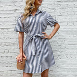 Woloong Ladies' Short Sleeve Striped Shirt Dress