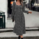 Woloong Autumn New Fashion Square Neck Printed Maxi Dress