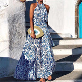 Woloong Fashionable Sleeveless Halter Vacation Print Dress