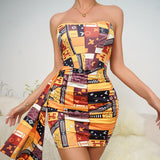 Woloong Elegant Strapless Side Sash for a Sensual Look Printed Dress