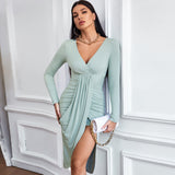Woloong Casual Bodycon Long Sleeve V-Neck Knit Dress