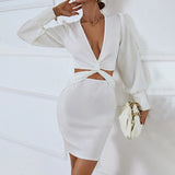 Woloong Sensual V-Neck Hollow Out Long Sleeve French Style Dress