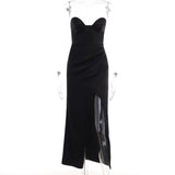 Woloong New Party Floor-Length Pleated Strapless Slit Dress