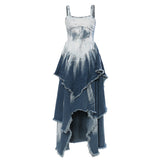 Woloong Printed Denim Sleeveless Vest Design Midi Dress