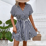 Woloong New Fashion Collared Striped Shirt Dress