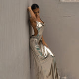 Woloong Sultry Backless Metallic Coating Party Dress