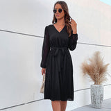 Woloong New European and American Solid Color Pleated Dress