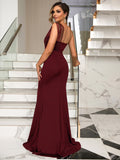 Woloong Solid Color Long Sleeveless Fitted Ball Gown Evening Dress