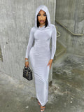 Woloong Hooded Solid Color Long Sweater Dress