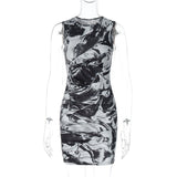 Woloong Chic Print Round Neck Sleeveless Bodycon Dress