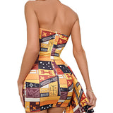 Woloong Elegant Strapless Side Sash for a Sensual Look Printed Dress