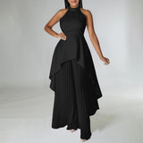 Woloong Back-Revealing Pleated Wide-Leg Pants Casual Dress