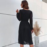 Woloong New European and American Solid Color Pleated Dress