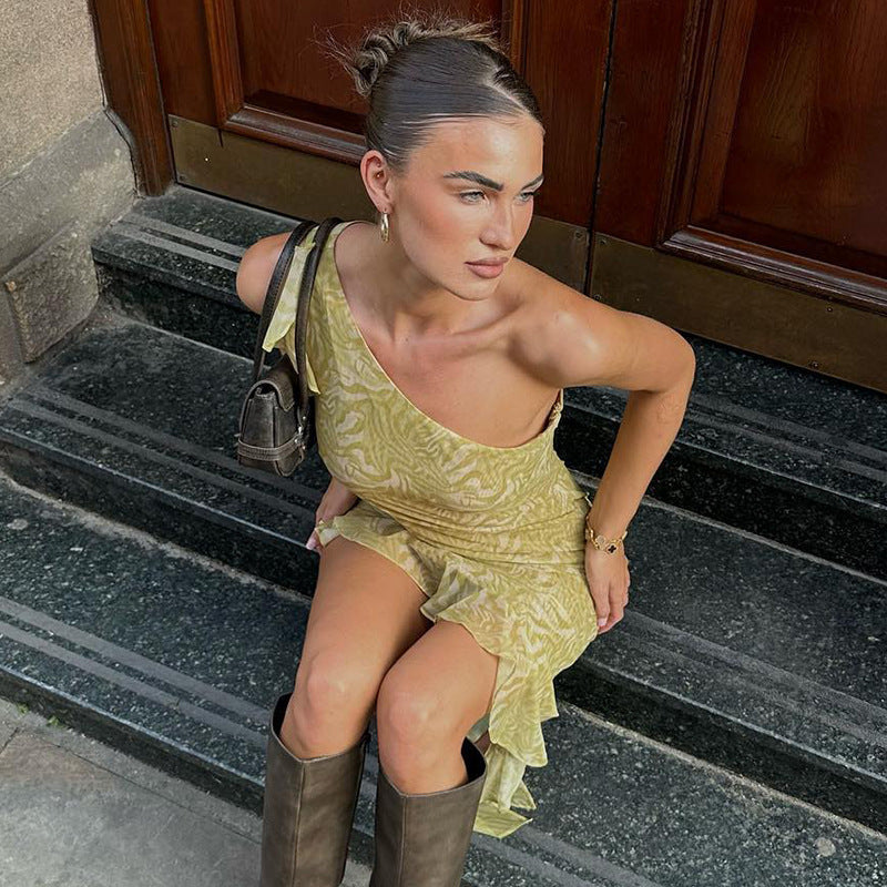 Woloong Irregular Hemline Printed Off-Shoulder and Ruffled Edges Short Autumn Dress