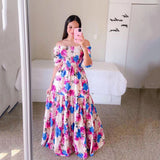 Woloong One-Shoulder Floral Fashion Maxi Dress