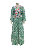 Woloong Casual V-Neck Long Sleeve Midi Printed Dress