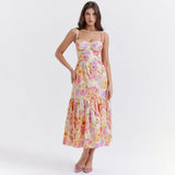 Woloong Floral Print Camisole Pleated Lace Dress