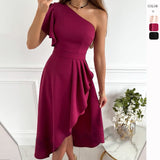 Woloong Solid Color Asymmetric Off-Shoulder Slim Fit Mid-Length Dress