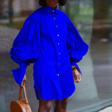 Woloong Bubble Sleeve Solid Color Casual Shirt Dress