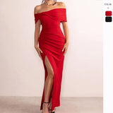 Woloong One-Shoulder Spicy Girl Short Sleeve Butterfly Knot and High Slit Dress