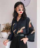 Woloong Autumn Vintage Japanese Blouse Women V Neck Loose Top Femme Crane Print Black Fall Blouse Clothing