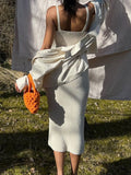 Elegant White Knitted Midi Dress Summer 90s Vintage Spaghetti Straps Wrap Bodycon Dresses Party Beach Backless Sundress