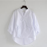 Woloong  Summer Korea Fashion Women White V-neck Shirt   Lantern Sleeve Loose Blouses back split Button Shirts Ladies Tops