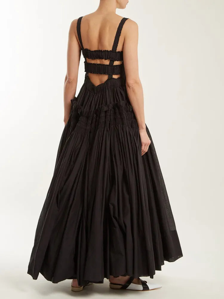 Elegant Ruffle Dress For Women Spaghetti Strap Hollow Out Backless High Waist Puff Dresses Female