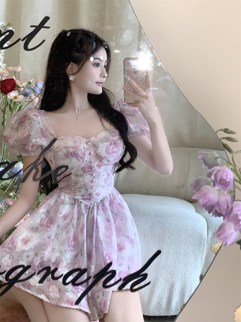 woloong Retro Chic Floral Dress Women's Summer Square Collar Dresses High Waist Short Sleeved A-line Party Slim Mini Dress Vestidos