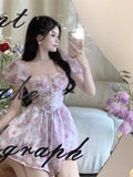 woloong Retro Chic Floral Dress Women's Summer Square Collar Dresses High Waist Short Sleeved A-line Party Slim Mini Dress Vestidos