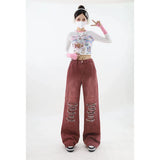Woloong Women's Vintage Red Baggy Jeans 90s Aesthetic High Waist Denim Trousers Korean 2000s Y2k Harajuku Wide Pants Trashy Clothes