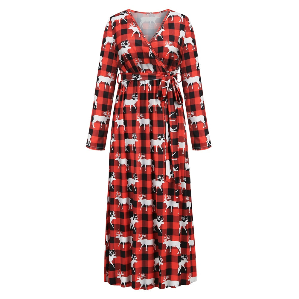 Christmas Print Long Dress for Women Autumn V-neck Knitting  A-LINE Belt Slim Ankle-Length
