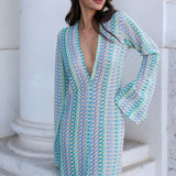 Patchwork Deep V-neck Women's Knit Dress Casual Full Flare Sleeve Crocheted Slit Long Dresses Female Autumn Party Vestidos