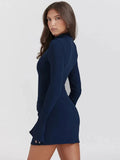 Women Elegant Dark Blue Commuting Mini Dress  Autumn Sexy Pocket Long Sleeve Bodycon Dresses Lady Chic Party Club Robe