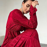 Autumn Winter Women Elegant Solid Red Maxi Pleated Dress Long Sleeve Hollow Out Slim Bodycon Evening Pencil Dress For Women