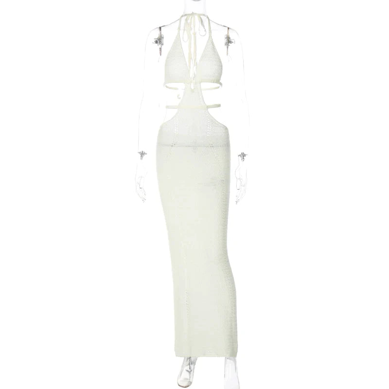 Crochet Halter Sleeveless Backless Solid Hollow Out Bandage Sexy Slim Maxi Prom Dress Winter Festival Party Outfit