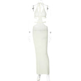 Crochet Halter Sleeveless Backless Solid Hollow Out Bandage Sexy Slim Maxi Prom Dress Winter Festival Party Outfit